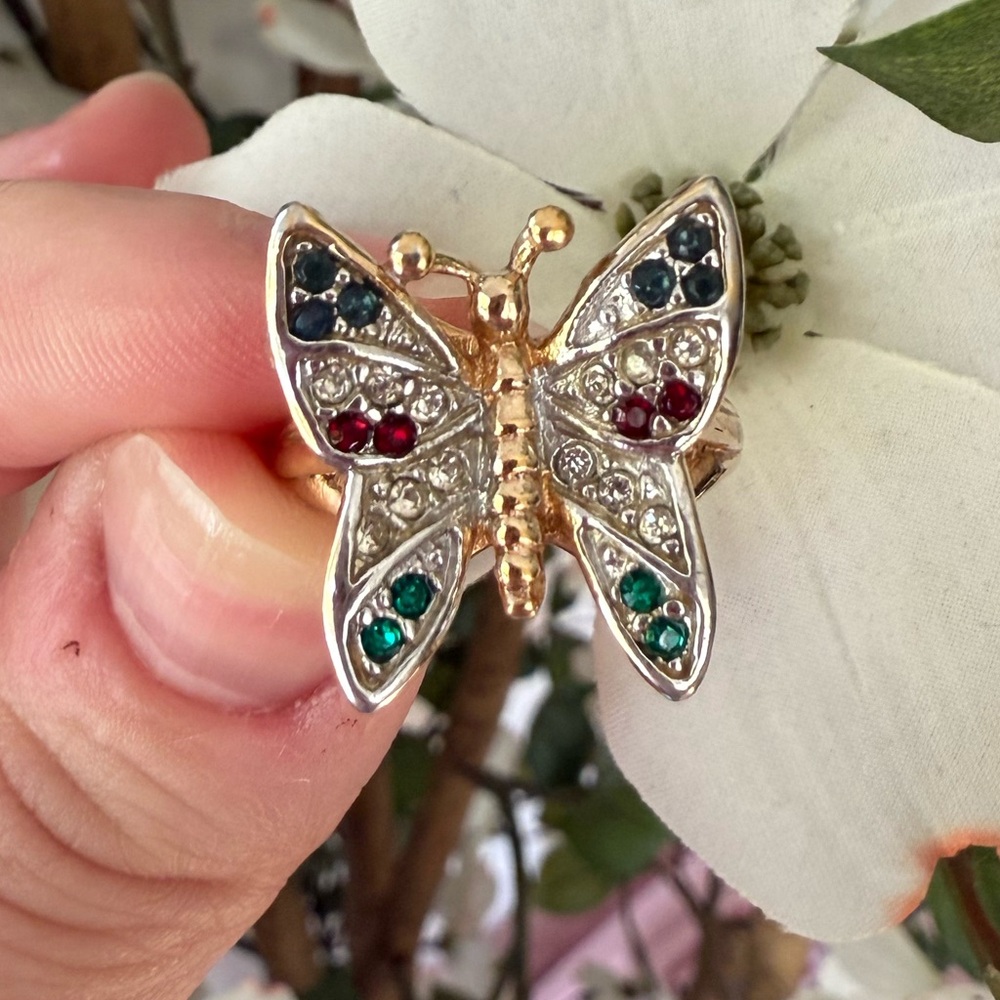 Elegant 18k Gold Plated Butterfly Ring with Multicolor Gemstones